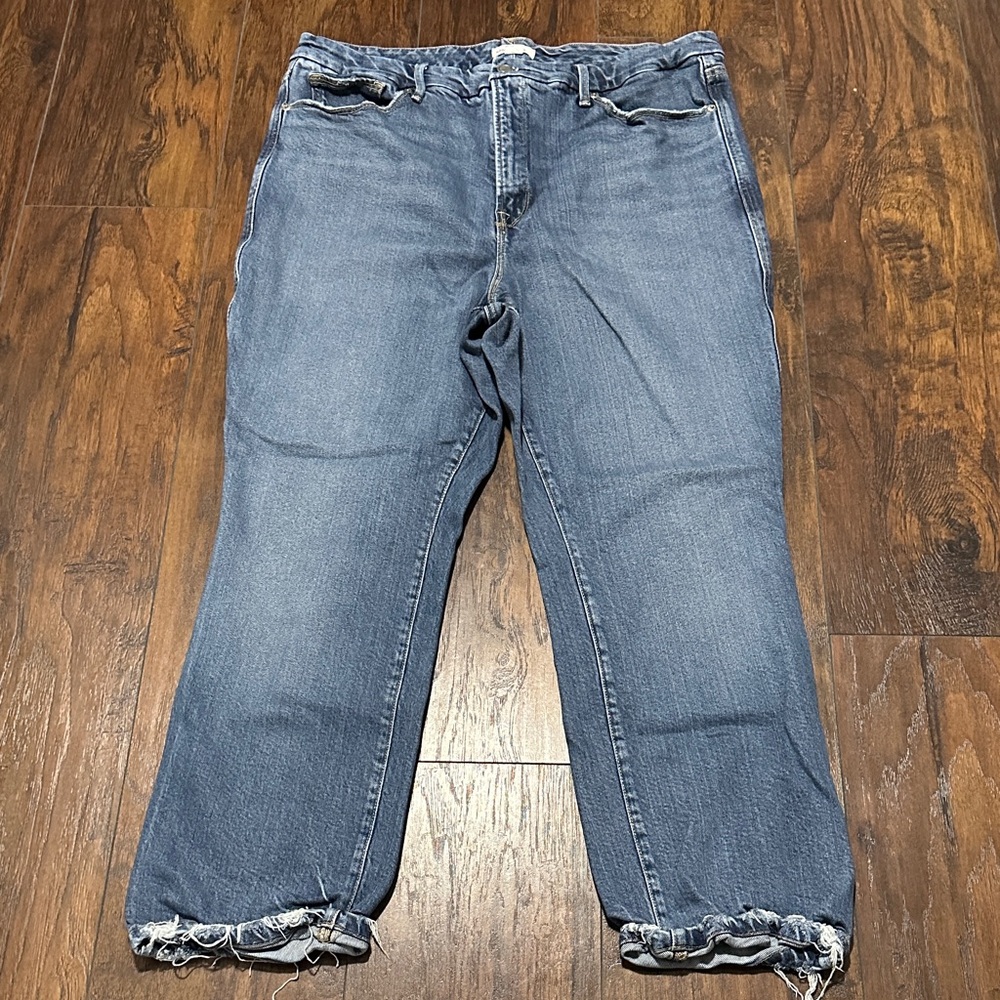 Good American Good Curve Straight Indigo Blue Frayed Hem Stretch Jeans 18